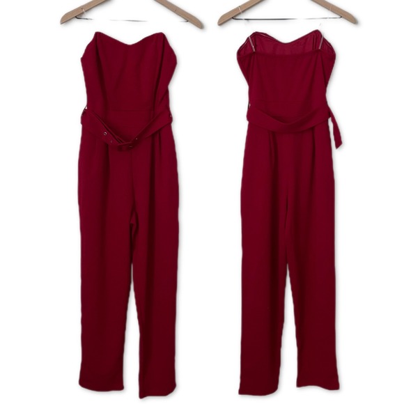 Blashe Pants - Red Strapless Jumpsuit with Belt‎ and Pockets